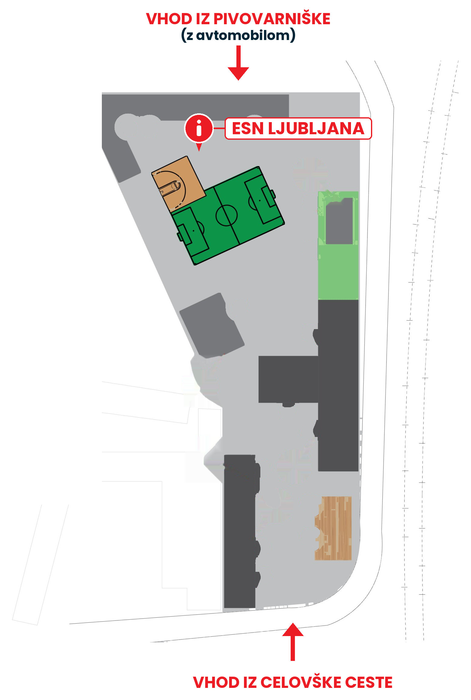 Zemljevid Kampusa z označeno lokacijo ESN Ljubljana in vhodi