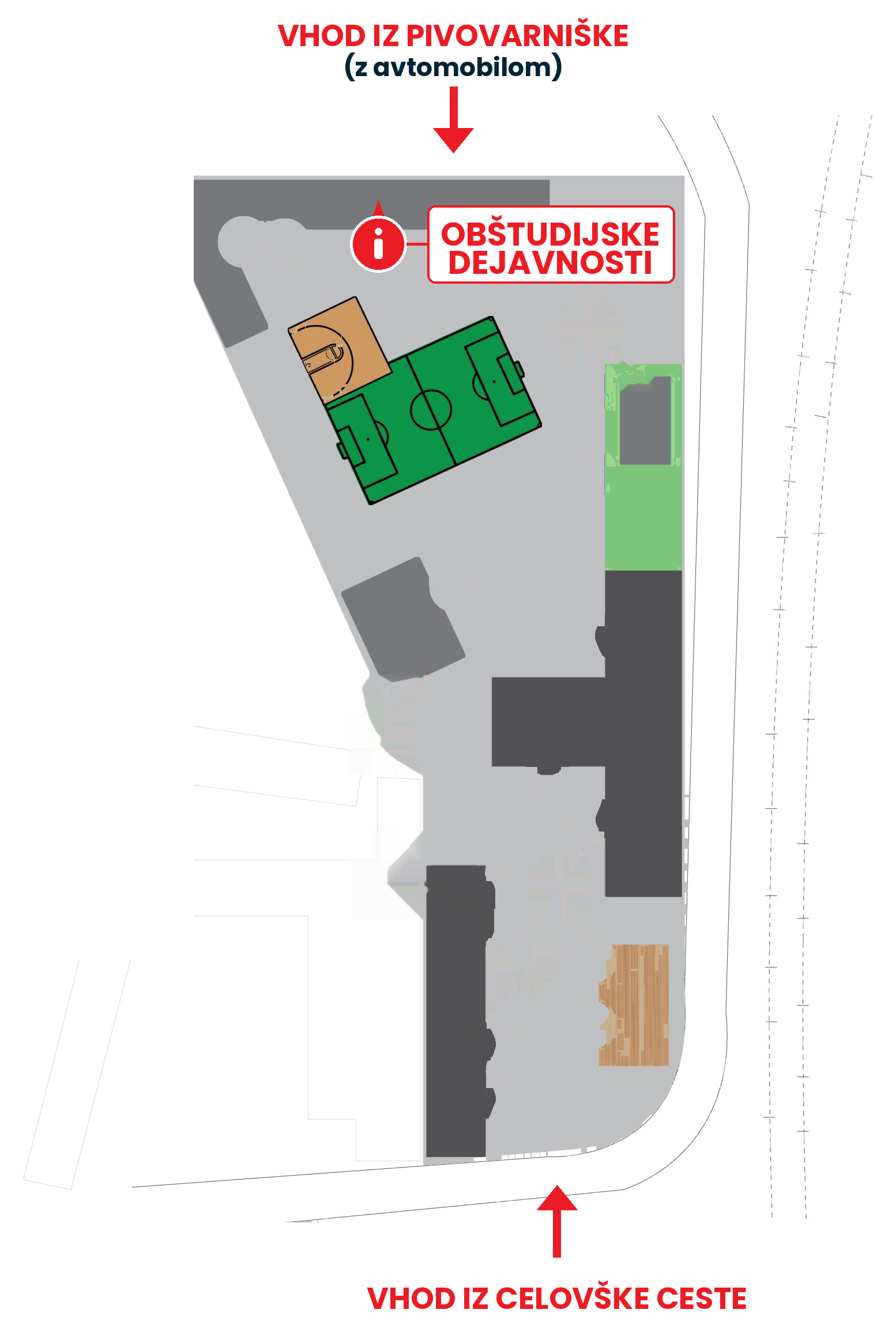 Zemljevid Kampusa z označeno lokacijo Obštudijskih dejavnosti in vhodi