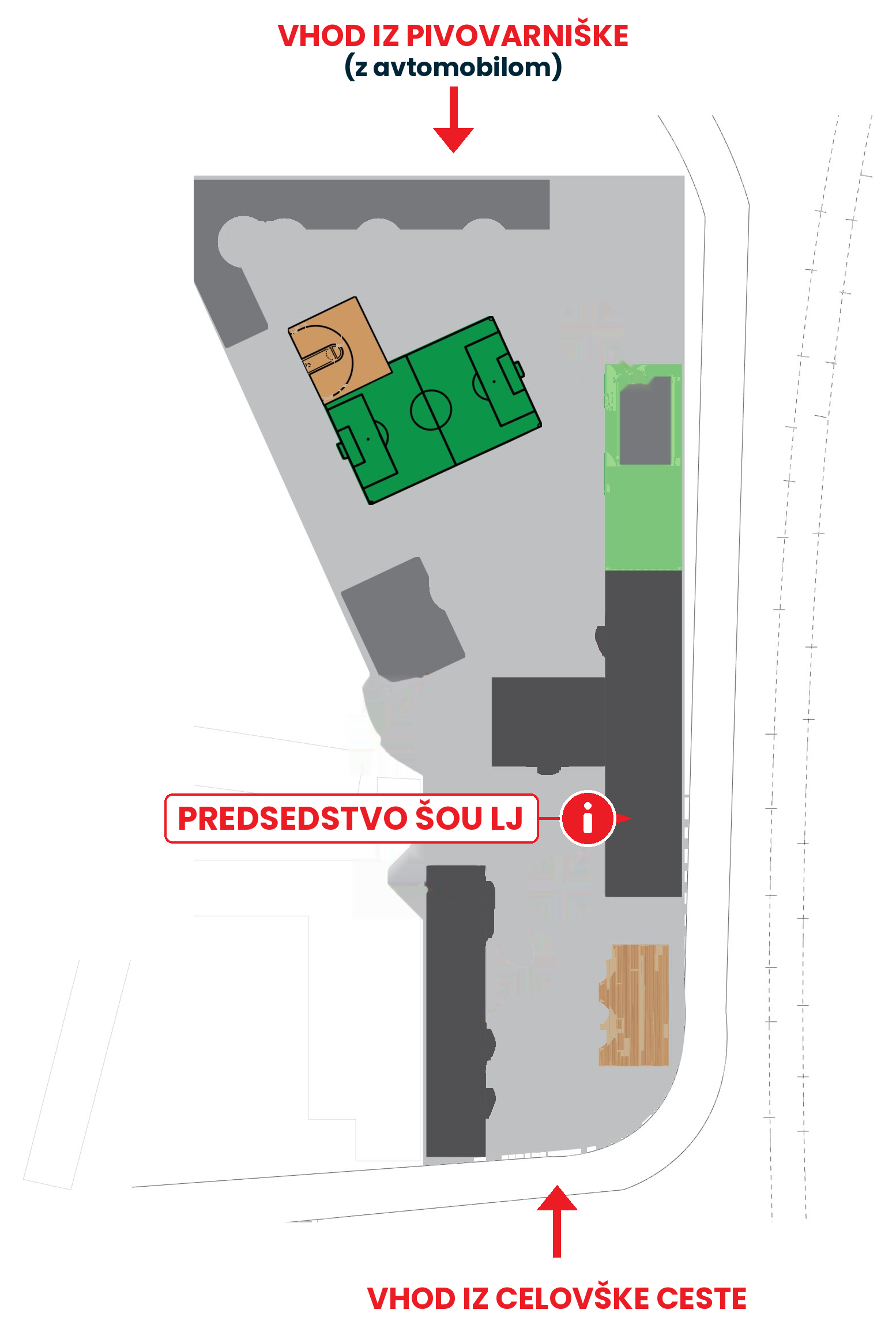 Zemljevid Kampusa z označeno lokacijo Predsedstva ŠOU v Ljubljani in vhodi